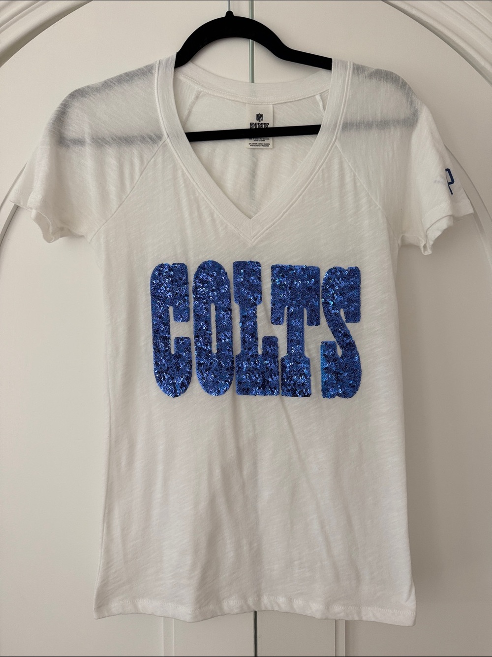 PINK Victoria's Secret White V-Neck Tee with Blue Sequin 'COLTS'